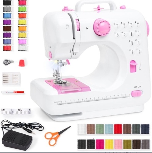 6V Portable Foot Pedal Sewing Machine w/ 12 Stitch Patterns, Pink/White, Appears New - Lot 237
