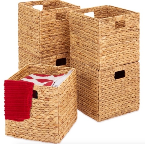 Set of 5 Collapsible Hyacinth Storage Baskets w/ Inserts - 12x12in - Lot 248