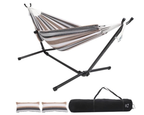 ONCLOUD Double Hammock w/ Steel Stand, Pillows,  9ft, Desert Stripe, May Be Missing Hardware - Lot 251