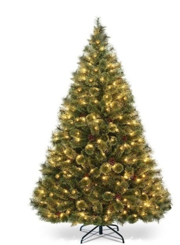 6 ft. Pre-Lit PVC Artificial Carolina Pine Tree Flocked Cones Hinged with LED Lights - Lot 277