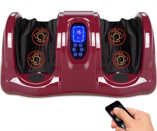 Therapeutic Foot Massager w/ High Intensity Rollers, Remote, 3 Modes, Burgundy - Lot 360