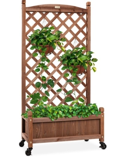Wood Planter Box & Lattice Trellis w/ Drainage, Optional Wheels - 48in, Broken Corner - Lot 380