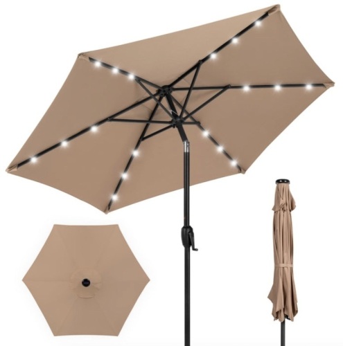 Outdoor Solar Patio Umbrella w/ Push Button Tilt, Crank Lift - 7.5ft, Tan - Lot 389