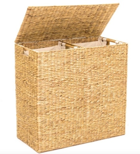 Extra Large Water Hyacinth Double Laundry Hamper Basket w/ 2 Liner Bags, Brown - Lot 496