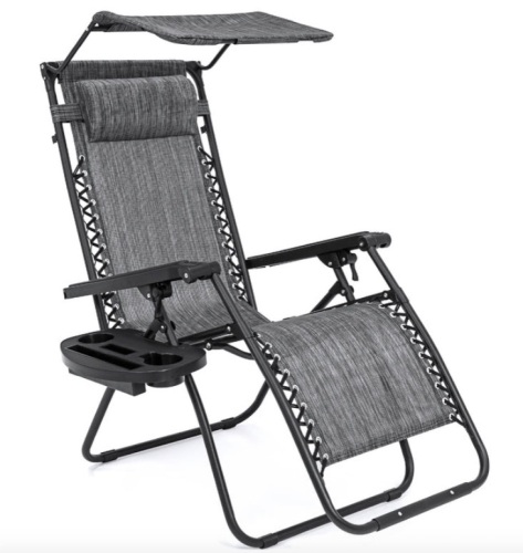 Folding Zero Gravity Recliner Patio Lounge Chair w/ Canopy, Side Tray, Gray - Lot 510