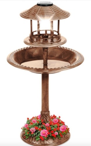 Solar Lighted Outdoor Pedestal Bird Bath w/ Planter, Decorative Bird Cage, Bronze - Lot 575