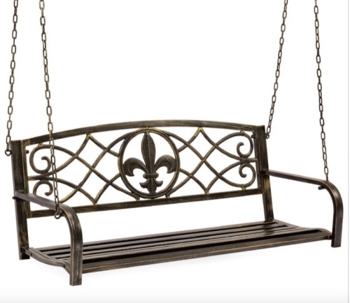 2-Person Outdoor Metal Hanging Swing Bench w/ Fleur-de-Lis Accents, Bronze - Lot 523