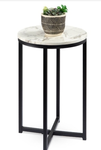 Round Coffee Side Table w/ Faux Marble Top, Metal Frame - 16in, White/Matte Black - Lot 247