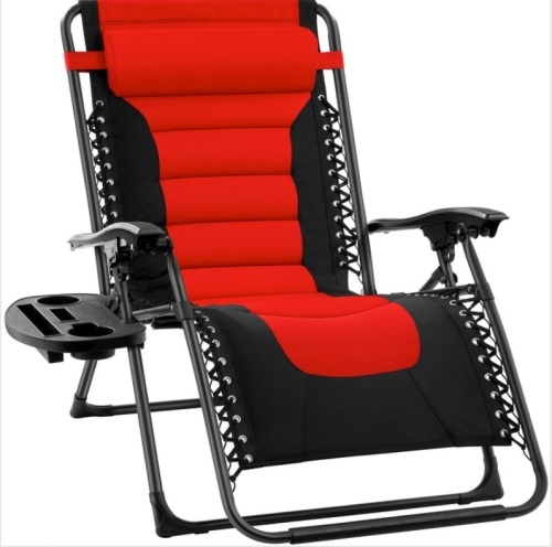 Oversized Padded Zero Gravity Chair, Folding Recliner w/ Headrest, Side Tray, Red - Lot 252