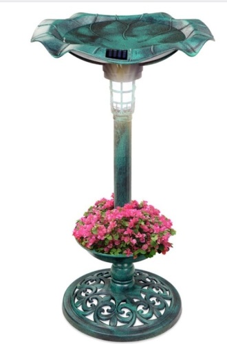 Solar Lighted Bird Bath w/ Planter, Green - Lot 287