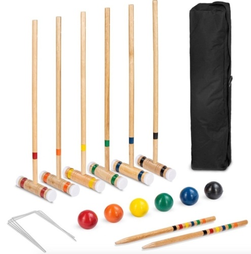 6-Player Wood Croquet Set w/ 6 Mallets, 6 Balls, Wickets, Stakes, Bag - 32in - Lot 396