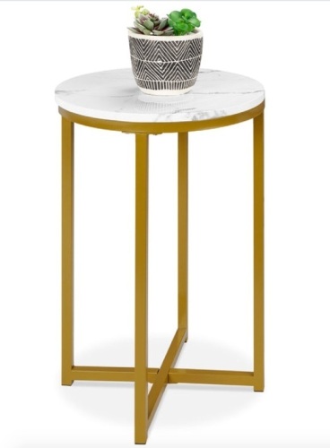 Round Coffee Side Table w/ Faux Marble Top, Metal Frame - 16in, White/Bronze Gold - Lot 401