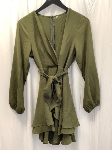 Womens V-Neck Long Sleeve Tie Waist Mini Dress, Size L - Lot 477