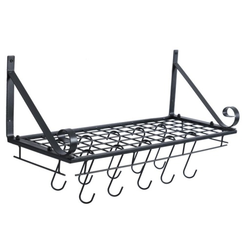 Kitchen Wall Pot Pan Rack Decorative Rectangle Cookware Storage Holder Organizer with 10 Hooks, Metal Black - Lot 218