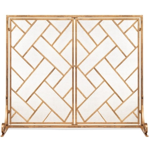 2-Panel Wrought Iron Geometric Fireplace Screen w/ Magnetic Doors - 44x33in - Lot 434