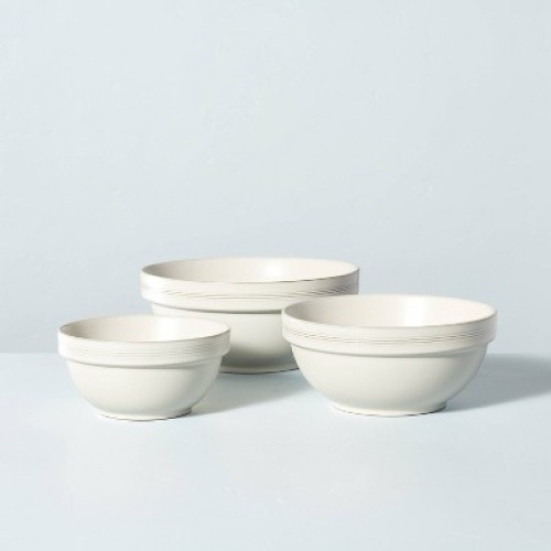 3pc Defined Rim Stripe Stoneware Mixing Bowl Set Sour Cream - Hearth & Hand™ with Magnolia - Lot 4610