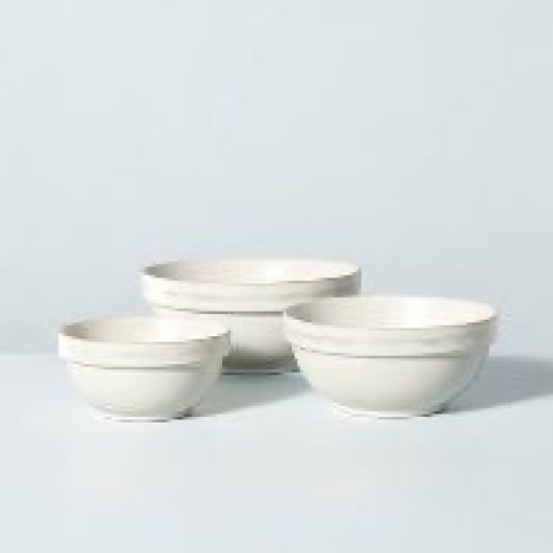 3pc Defined Rim Stripe Stoneware Mixing Bowl Set Sour Cream - Hearth & Hand™ with Magnolia - Lot 4661