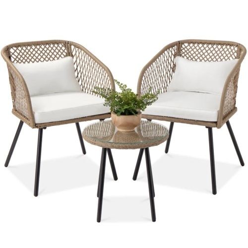 3-Piece Outdoor Diamond Weave Wicker Bistro Set w/ Tempered Glass Side Table - Lot 5119