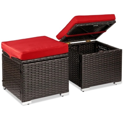Set of 2 Wicker Ottomans, Multipurpose w/ Removable Cushions, Steel Frame - Lot 5987