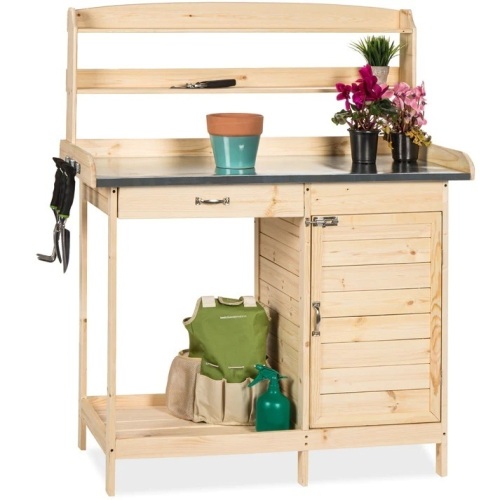 Garden Wooden Potting Bench w/ Metal Table Top - Natural - Lot 6032