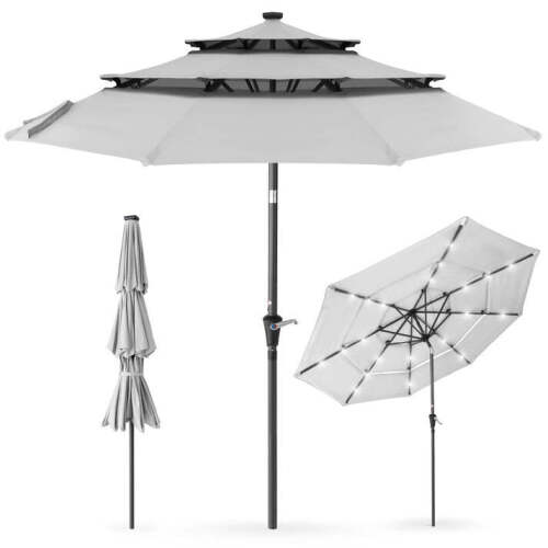 3-Tier Solar Patio Umbrella w/ LED Lights, Tilt Adjustment, Crank - Lot 6038