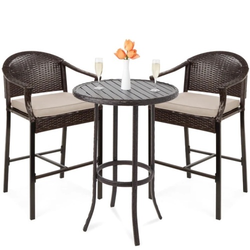 3-Piece Outdoor Bistro Wicker Table Bar Set w/ Bar Stools, Footrests - Lot 6061
