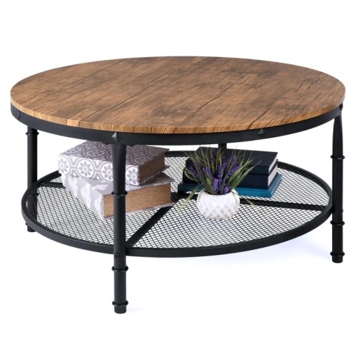 2-Tier Round Industrial Wood & Steel Coffee Table, Storage Shelves - 35.5in - Lot 6098