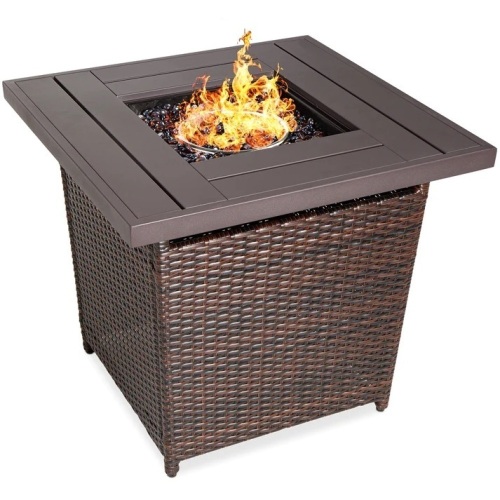 28in Fire Pit Table 50,000 BTU Wicker Propane w/ Faux Wood Tabletop, Cover - Lot 6121