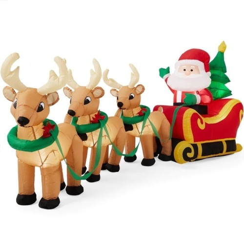 Lighted Inflatable Santa Claus & Reindeer Christmas Decoration - 9ft - Lot 6142