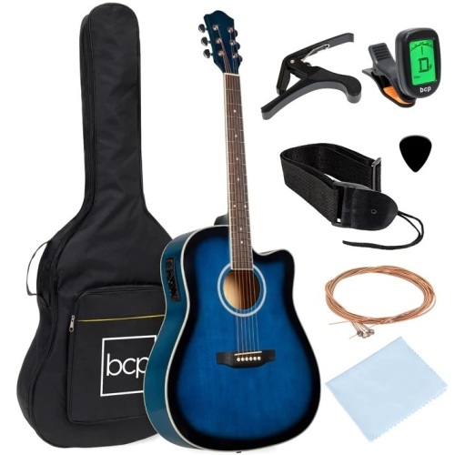 41in Beginner Acoustic Electric Cutaway Guitar Set w/ Case, Strap - Lot 6157