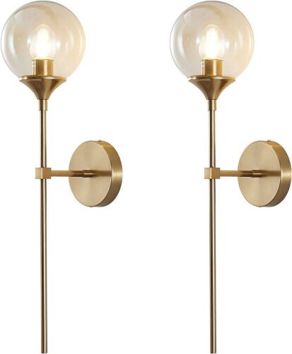 Mid-Century Modern Wall Mounted Sconces, Amber Glass Globe Wall Lamps with Long Arm, Set of 2  - Lot 187