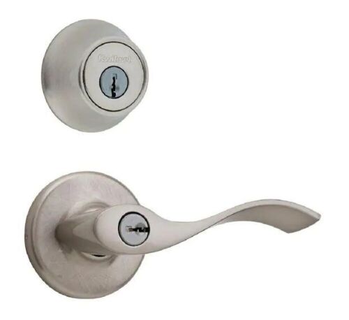 Lot of (2) Kwikset Balboa Satin Nickel Exterior Entry Door Handle and Single Cylinder Deadbolt Combo Pack - Lot 408
