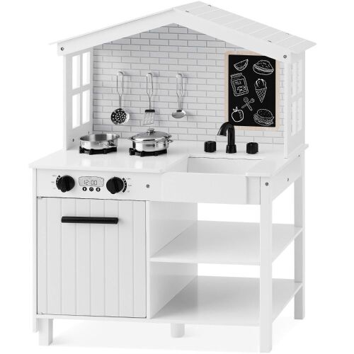 Kids Farmhouse Play Kitchen w/ Chalkboard, Storage Shelves, 5 Accessories - Lot 683