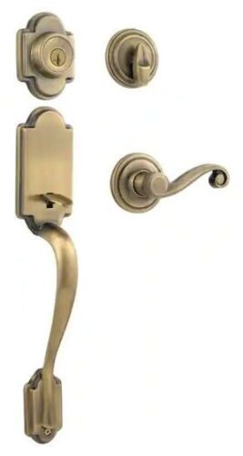 Kwikset Single Cylinder Door Handleset with Lido Door Handle - Arlington Lifetime Antique Brass - Lot 824