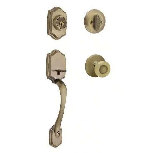 Kwikset Belleview Antique Brass Single Cylinder Door Handleset with Tylo Door Knob Featuring SmartKey Security - Lot 930