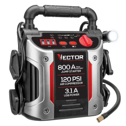 Vector 800 Peak Amp Jump Starter, 120 PSI Air Compressor, 3 USB Charging Ports - Lot 140