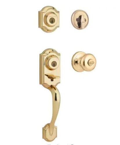 Kwikset Montara Polished Brass Single Cylinder Door Handleset with Juno Entry Door Knob Featuring SmartKey Security - Lot 200