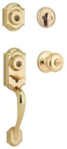Kwikset Montara Polished Brass Single Cylinder Door Handleset with Juno Entry Door Knob - Lot 677