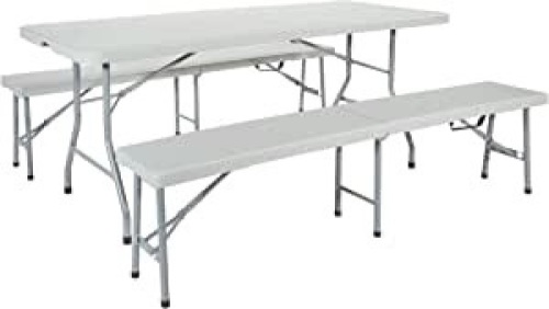 Office Star Resin 3-Piece  6' Folding Bench and Table Set - Appears New   - Lot 37