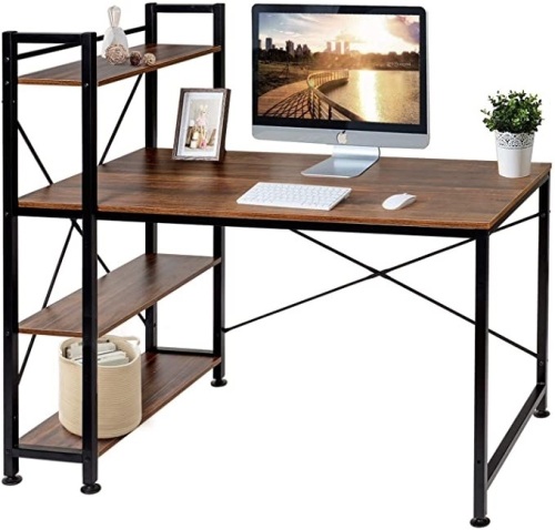VECELO 47 Inch Multipurpose Study Table H Shape with 4 Tier Bookshelves - Appears New   - Lot 443