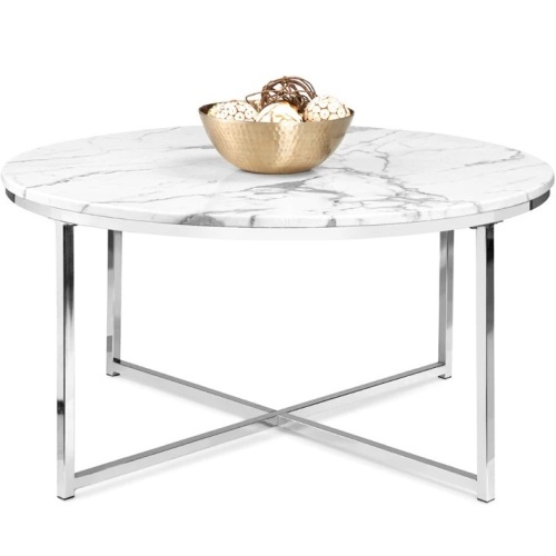 Round Coffee Table w/ Faux Marble Top, Metal Frame - 36in - Lot 6200