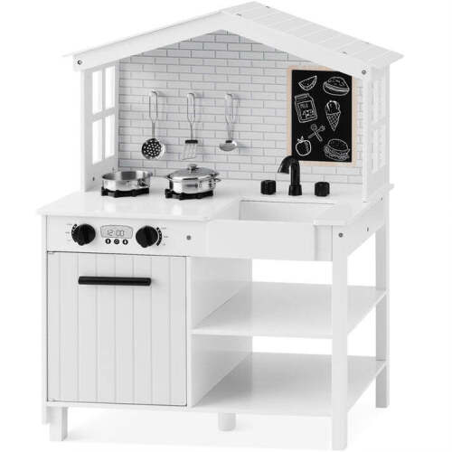 Kids Farmhouse Play Kitchen w/ Chalkboard, Storage Shelves, 5 Accessories - Lot 6213