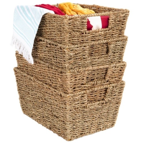 Set of 4 Seagrass Storage Tote Baskets, Laundry Organizer w/ Insert Handles - Lot 6220