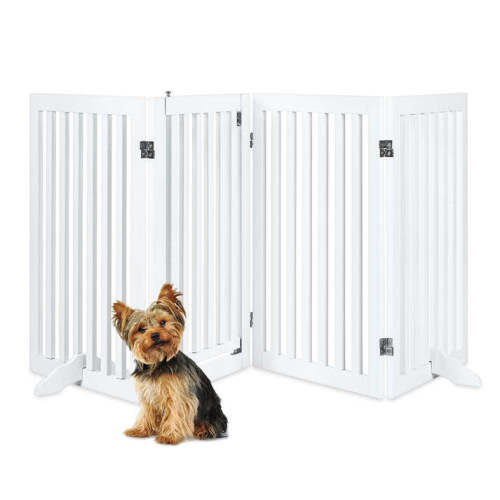 4-Panel Freestanding Wooden Pet Gate w/ Door, Support Feet - Lot 6228