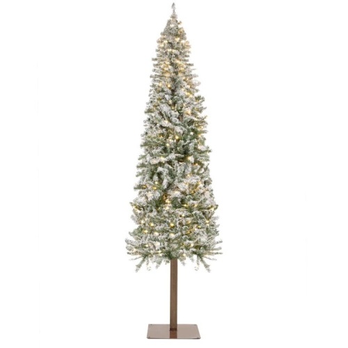 Pre-Lit Snow Flocked Alpine Slim Pencil Christmas Tree w/ LED Lights, Stand - Lot 6243