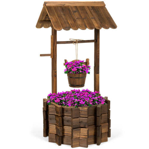 Rustic Wooden Wishing Well Planter Yard Decoration w/ Hanging Bucket - Lot 6259