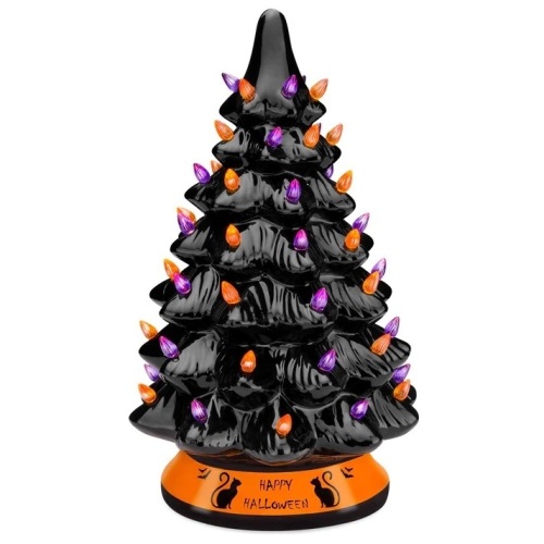 Ceramic Halloween Tabletop Tree w/ Orange & Purple Bulb Lights - 15in - Lot 6287