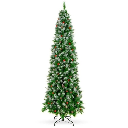 6ft Partially Flocked Spruce Pencil Christmas Tree w/ Berries, Pine Cones - Lot 6382