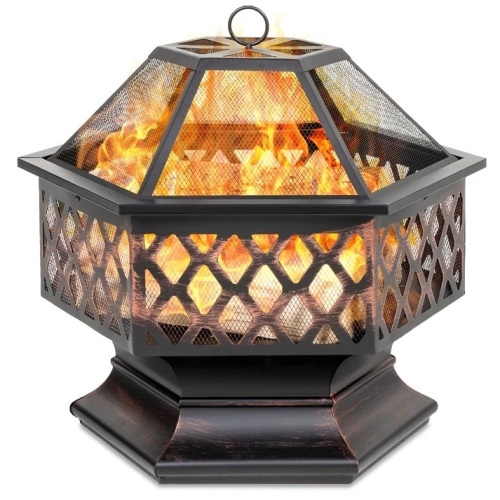 Hex-Shaped Outdoor Fire Pit w/ Flame-Retardant Lid - 24in - Lot 6384