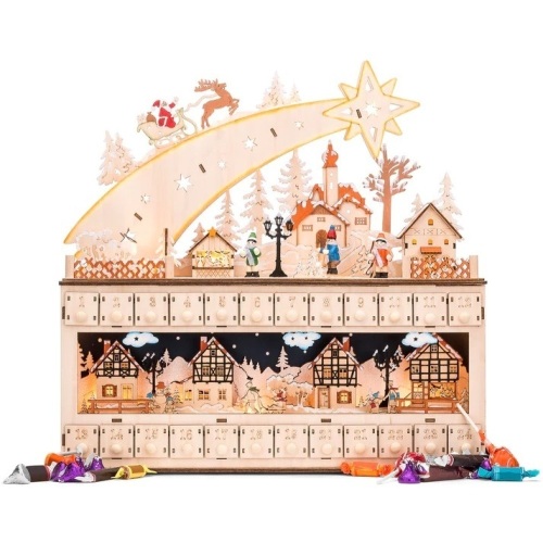 Wooden Christmas Shooting Star Advent Calendar w/ LED Light Background - Lot 6386